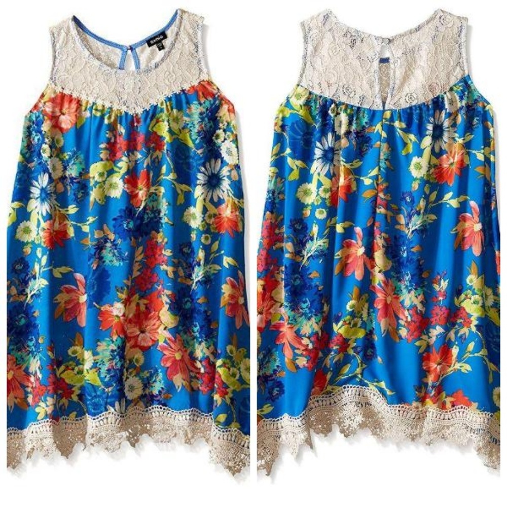Zunie Blue Floral Girls Dress size 8 14 Sleeveless Lace Trim Float Casual A-line